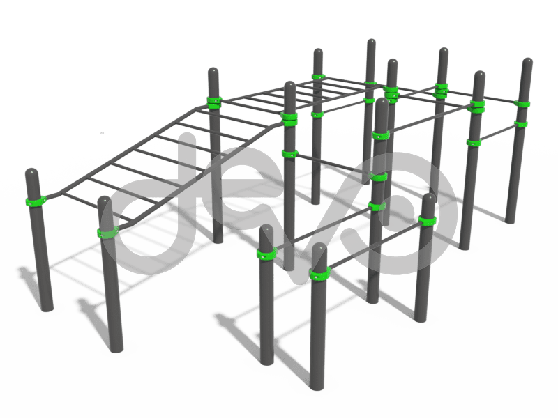 Рукоход двухсекционный с подъёмом, брусья и 8 турников